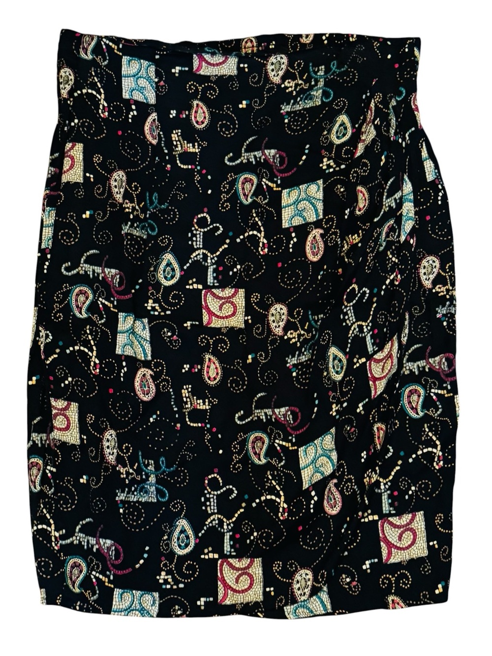 Vintage Carol Little Rayon Black Geometric Paisley Faux Wrap Skirt 25" L Size 12